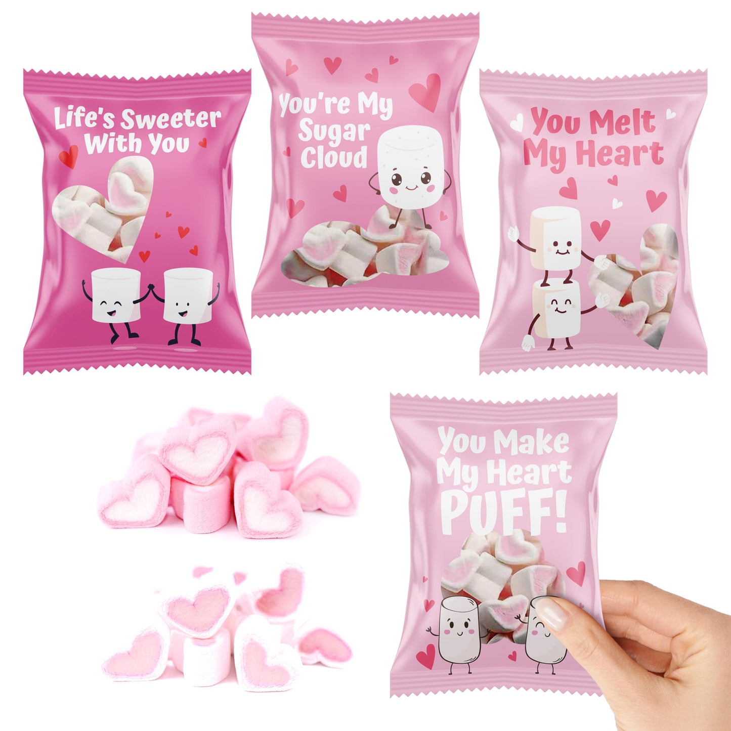 4E's Novelty Heart Marshmallows (24 Packs) Pink & White Valentine Marshmallows Mini Individually Wrapped for Hot Chocolate, Valentines Candy Bulk for Kids Classroom Exchange Party Favors