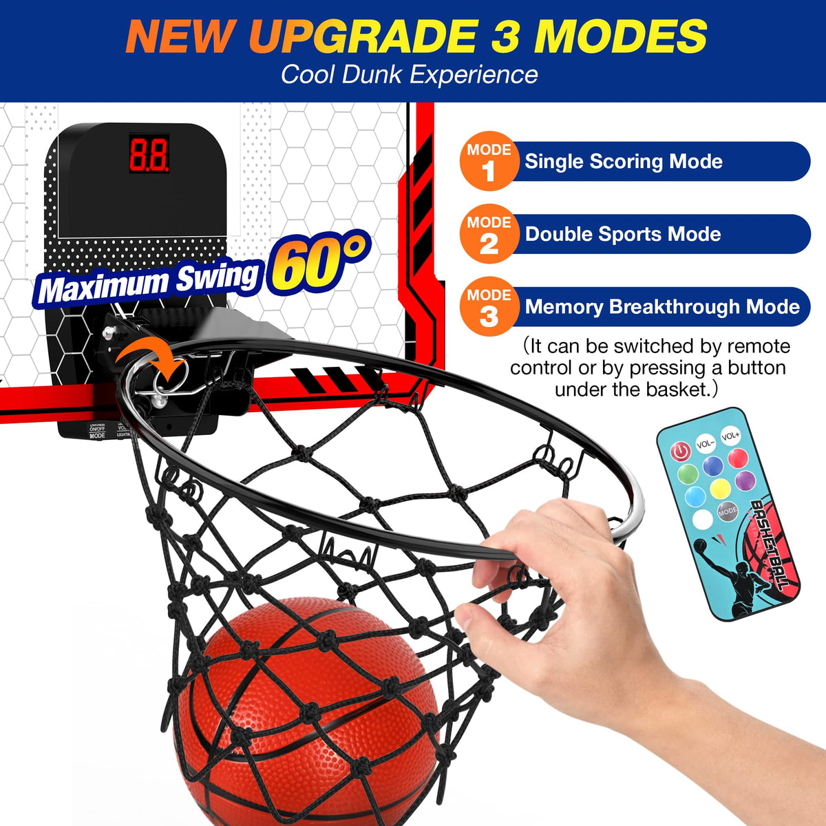 ropoda Indoor Basketball Hoop, Mini Hoop with 7 LED Lights, 3 Modes Scoreboard, Mini Hoop with 4 Balls Over The Door, Basketball Hoop Indoor, Toys Gifts for Kids Adults