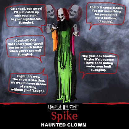 Haunted Hill Farm Life-Size Scary Talking Clown Halloween Animatronic with Motion and Touch Activated Lights and Sounds, Battery Operated Indoor or Covered Outdoor Creepy Halloween Decorations
