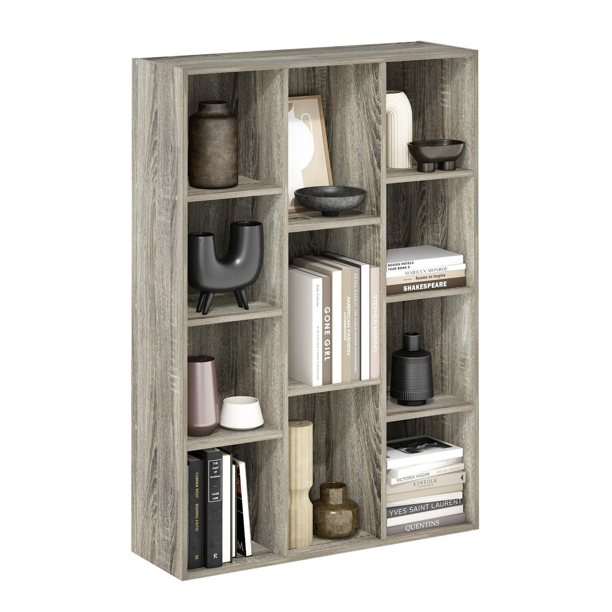 Furinno LUDER Book Shelf, 11-Cube Bookshelf, Reversible Bookcase, 9.4 x 29.1 x 41.7, for Living Room, Bedroom, Home Office, French Oak