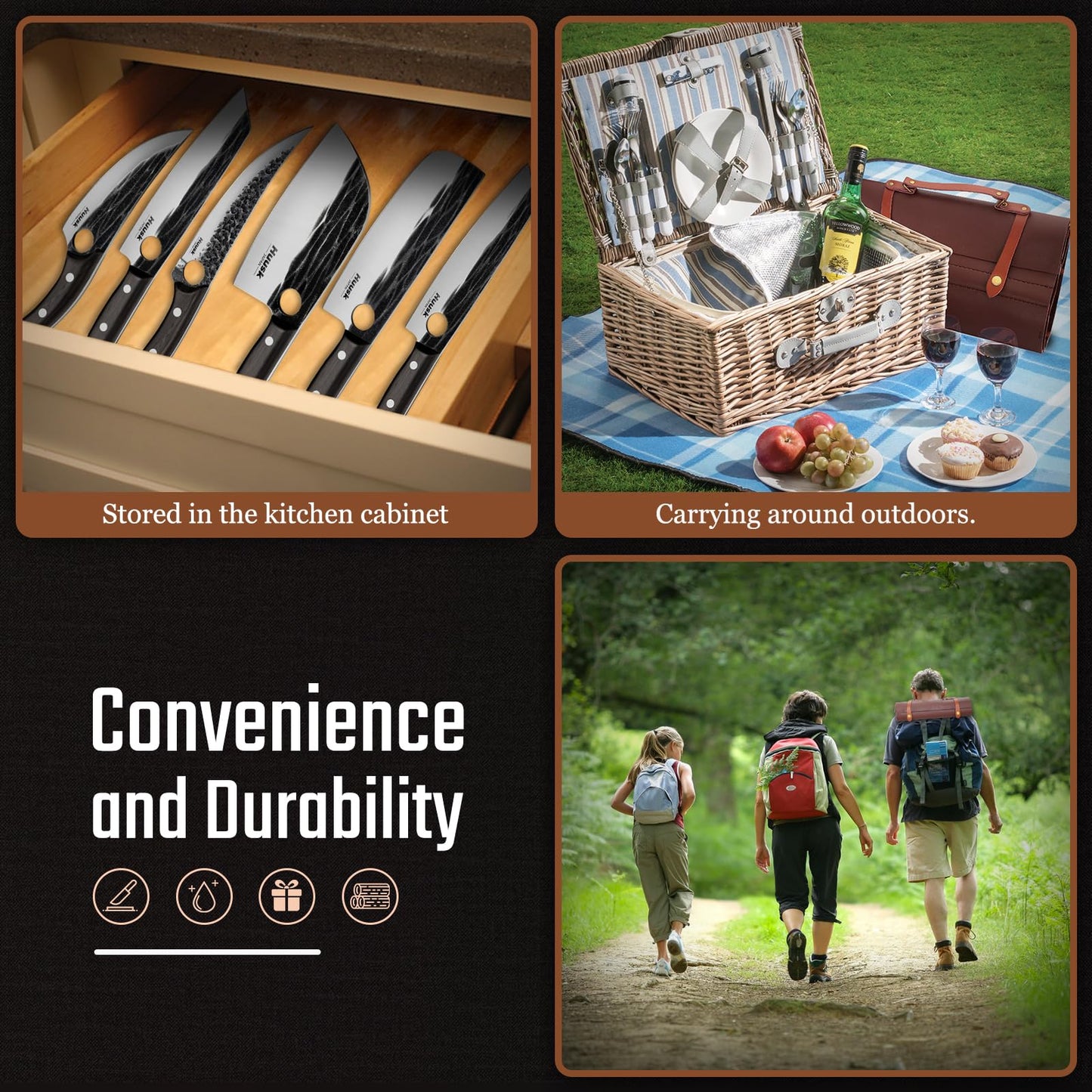 Huusk Knives Set, Serbian Chef Knife Set with Bag, Japanese Kitchen Knives Set, Hand Forged High Carbon Steel Knife Set, Full Tang Knives with Ebony Handle, Butcher Knife Set for Dad, Gif for Men