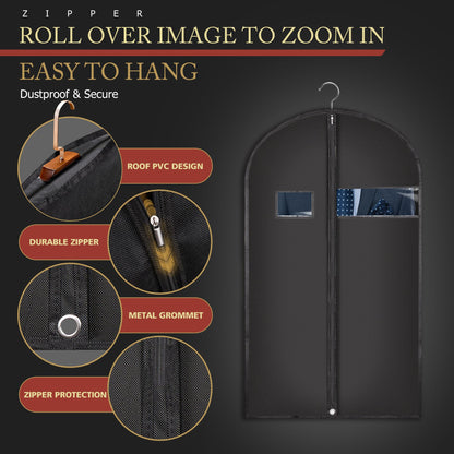 Hleelomi 5 Pack 40-inch Suit Bag Garment Bag for Travel and Storage, Garment Bags for Hanging Clothes with Zipper and Visible Transparent Window, Black