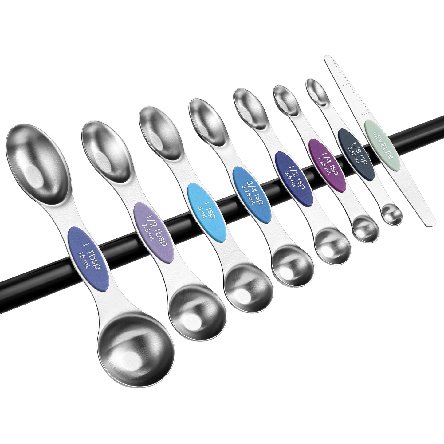 Spring Chef Stainless Steel Magnetic Measuring Spoons Set of 8 with Leveler, Dual Sided Metal Teaspoon & Tablespoon Measuring Spoons, Nesting Kitchen Gadgets for Baking & Cooking - Winter Frost