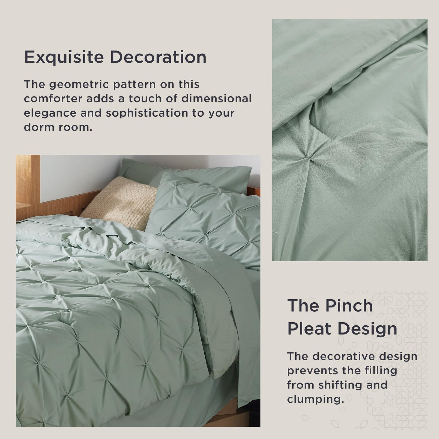 Bedsure Twin XL Comforter Set - Extra Long 5 Pieces Dorm Bedding Sets, GentleSoft™ Pinch Pleat Sage Green Bed in a Bag with Pintuck Comforter, Sheets, Pillowcase & Sham