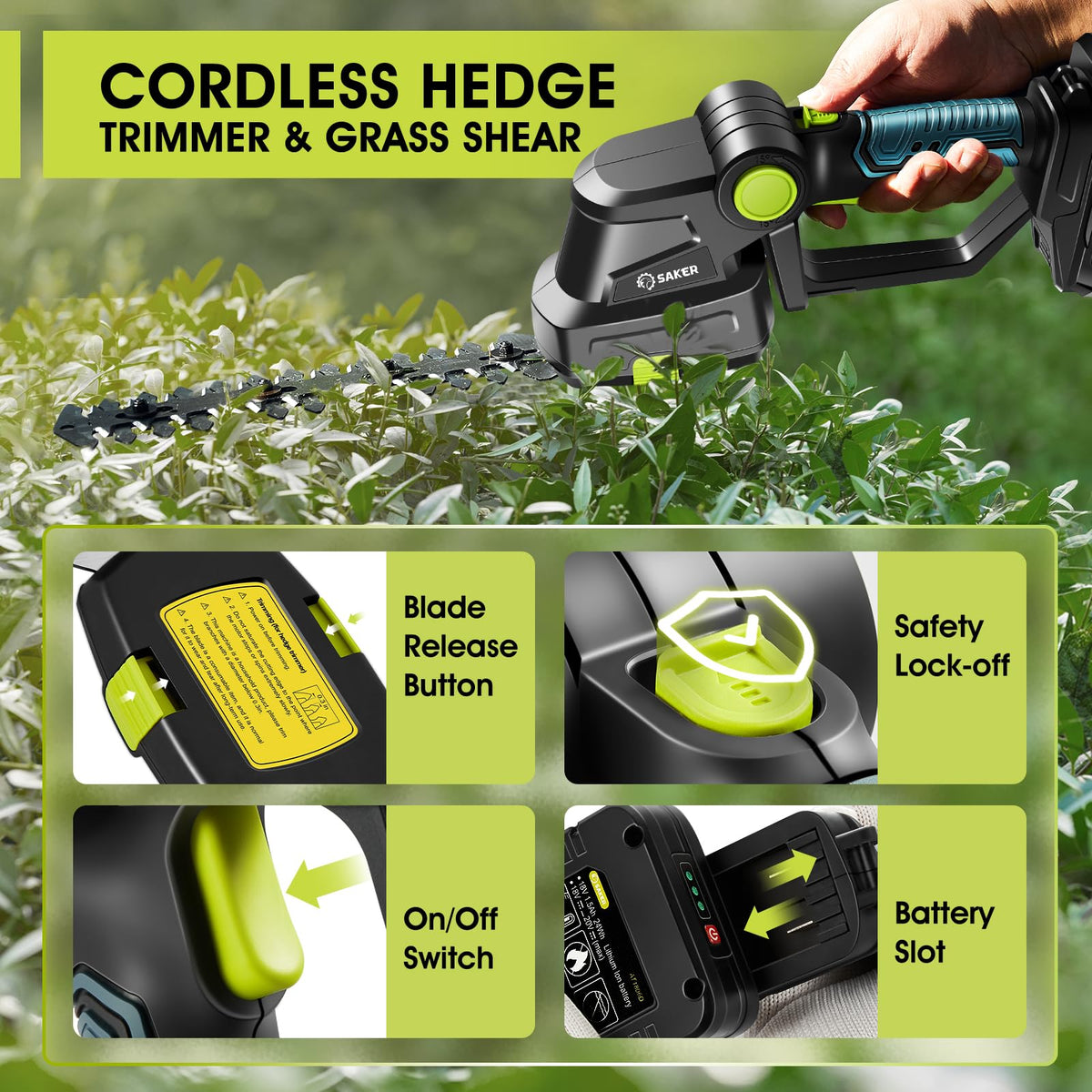 Saker Cordless Hedge Trimmer-20V Electric Shrub Trimmer Grass Shears Handheld Grass Cutter, Hedge Shear with 2 PCS Rechargeable Battery and Charger for Garden, Lawn