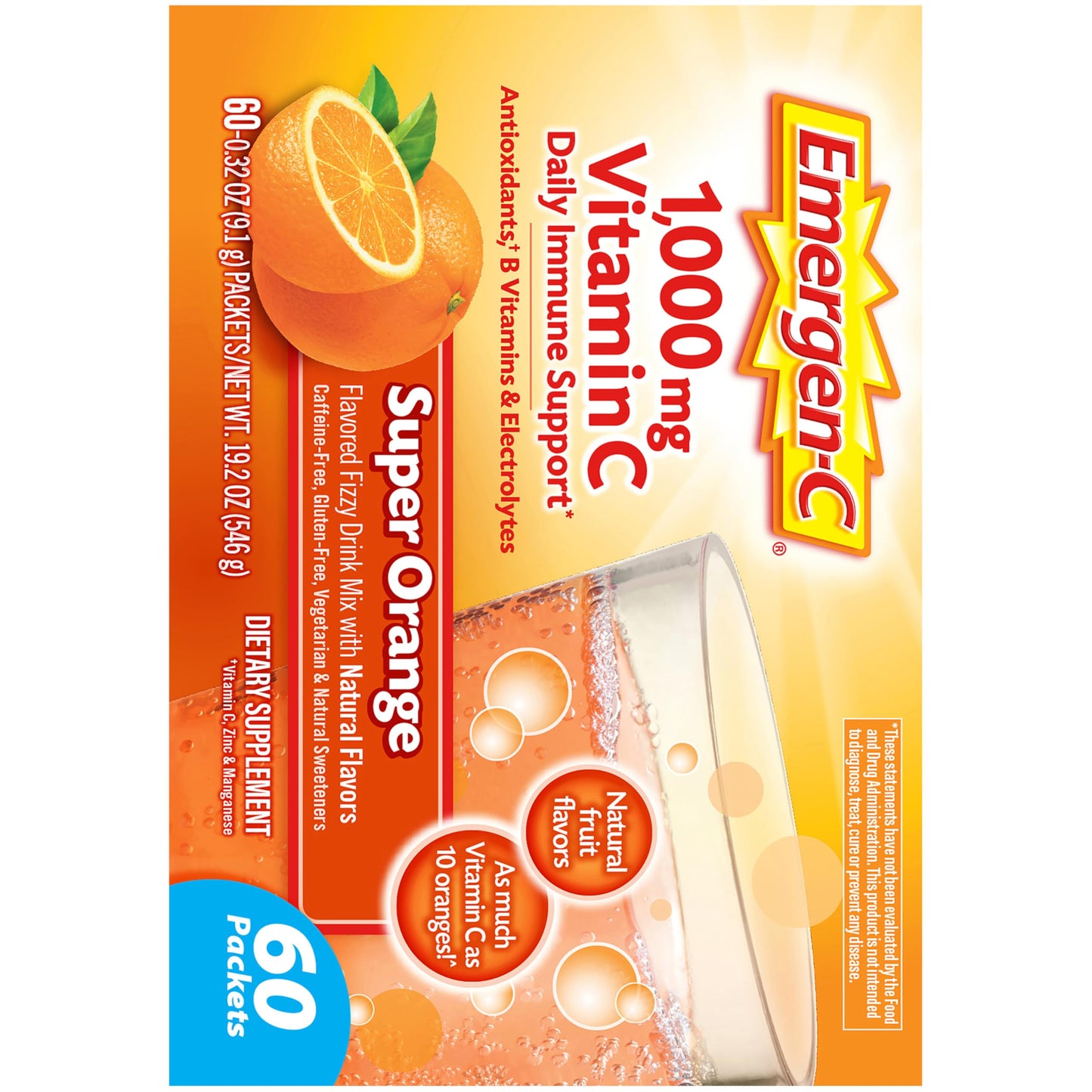 Emergen-C 1000mg Vitamin C Powder for Daily Immune Support Caffeine Free Vitamin C Supplements with Zinc and Manganese, B Vitamins and Electrolytes, Super Orange Flavor - 60 Count/2 Month Supply