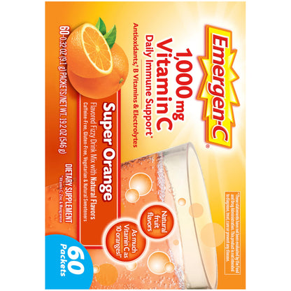 Emergen-C 1000mg Vitamin C Powder for Daily Immune Support Caffeine Free Vitamin C Supplements with Zinc and Manganese, B Vitamins and Electrolytes, Super Orange Flavor - 60 Count/2 Month Supply