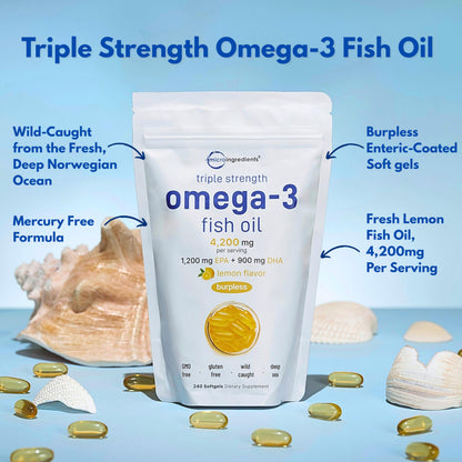 Triple Strength Omega 3 Fish Oil Supplements 4200mg Per Serving, 240 Softgels – Lemon Flavored – Burpless (Enteric-Coated) | EPA 1200mg + DHA 900mg | Deep Sea Fish, Wild Caught from Norwegian Waters