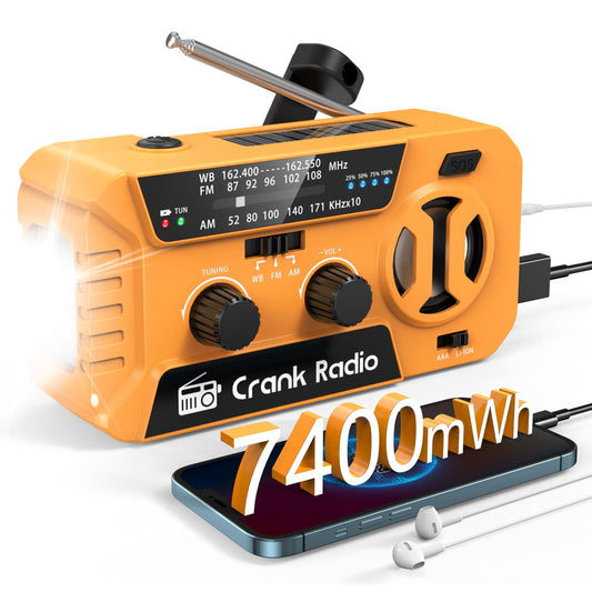 Emergency Weather Radio for Winter Storm, NOAA Weather Radio Hand Crank Emergency Radio with 7400mWh Power Bank, USB/Solar/Hand Crank, Battery Operated,Flashlight&SOS Alarm,for Emergency Survival Gear