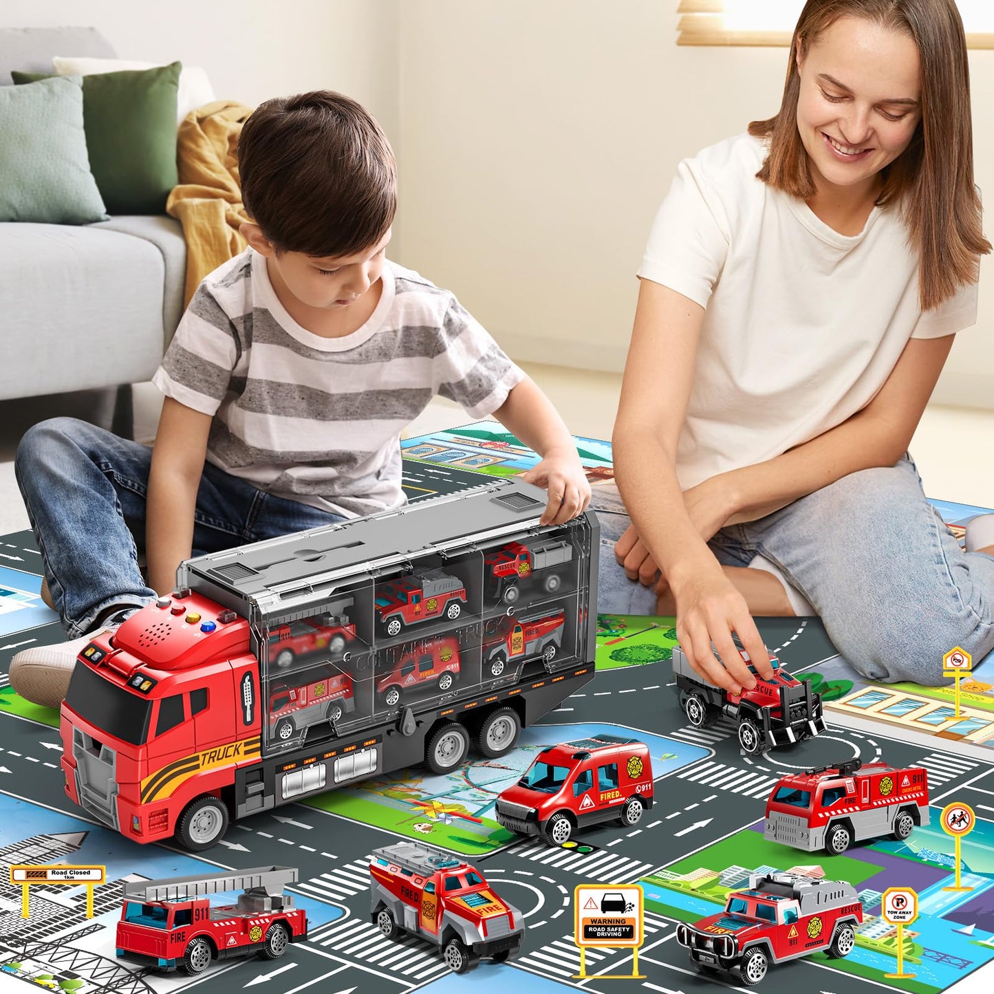 NIPLOOOW Toddler Boys Toys for 3-5 Years Old, Fire Truck Vehicle Set with Play Mat and Die-Cast Toy Car, Transport Carrier Truck for Kids 3-5, Birthday Gifts Toys for 3-8+ Year Old Boys