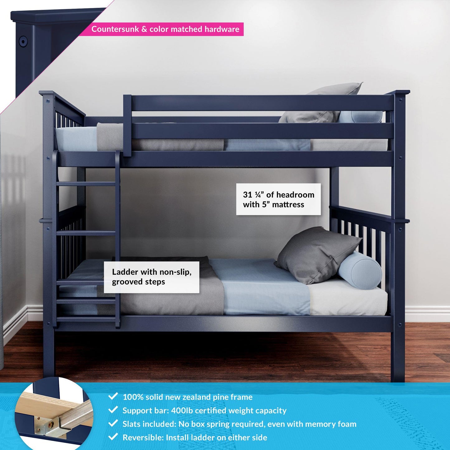 Max & Lily Bunk Bed Twin over Twin, Solid Wood Bunk Bed Frame with Ladder for Kids, 14" Safety Guardrails, Easy Assembly, No Box Spring Needed, Blue