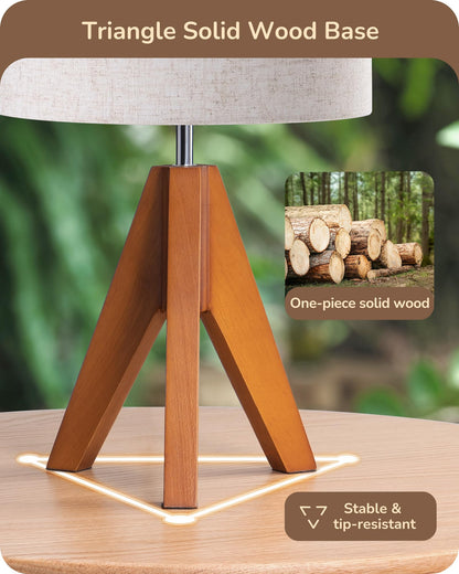 EDISHINE Tripod Table Lamp, Small Cute Bedside Lamp with Linen Beige Lampshade, Nightstand Lamp for Nursery, Bedroom, Kid Room, Living Room, Light Brown Wooden Base, E26 Socket, 14.2 Inch