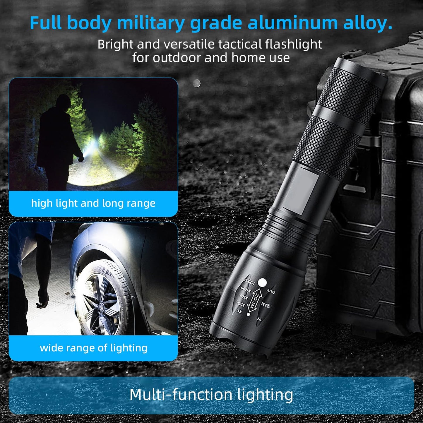 1 Pack Flashlights, Military Grade 5 Modes 3000 High Lumens Led Waterproof Handheld Flashlight for Camping Biking Hiking Outdoor and Home Use(Batteries Not Included)