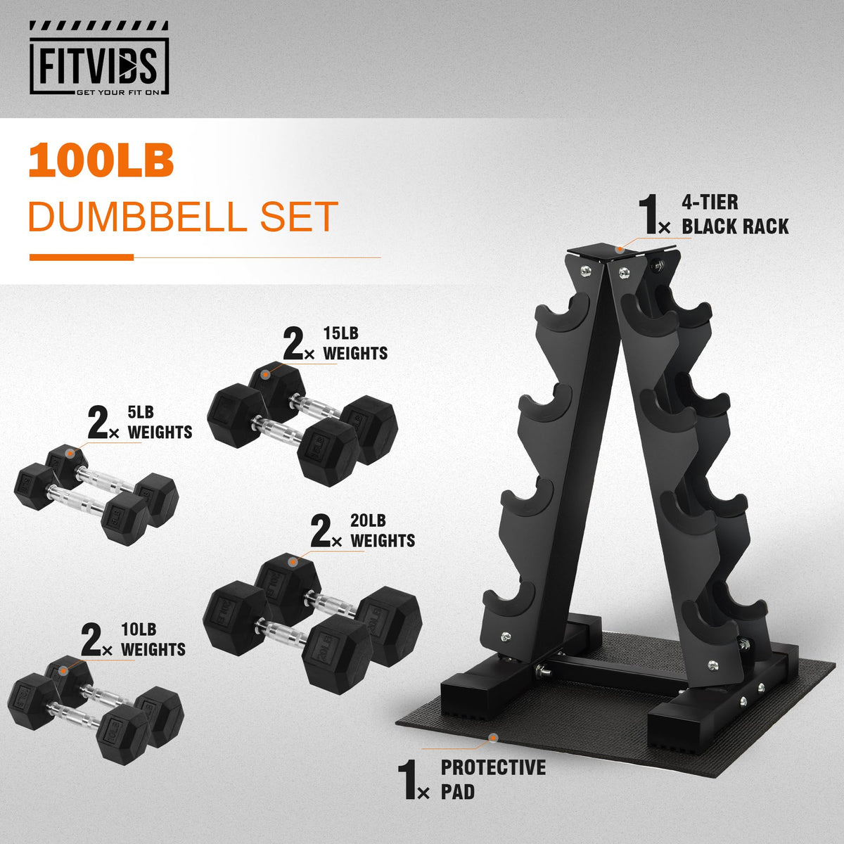 Fitvids Dumbbell Set with Rack, Rubber Coated Hex Dumbbell Weights in 100lbs, 5, 10, 15, 20lbs Pair