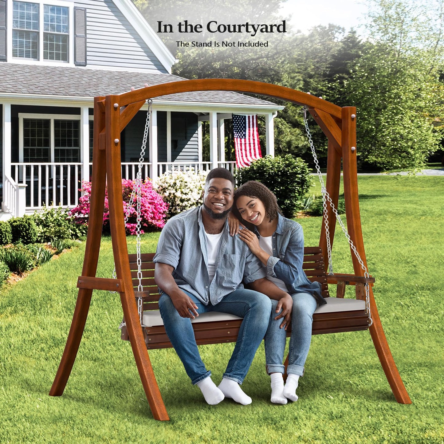 VINGLI Heavy Duty 880 LBS Patio Wooden Porch Swing Outdoor with Extra Cushion, Farmhouse Hanging Bench Tree Swing with Adjustable Chains for Yard | Garden | Lawn | Balcony (5 FT, Rustic)