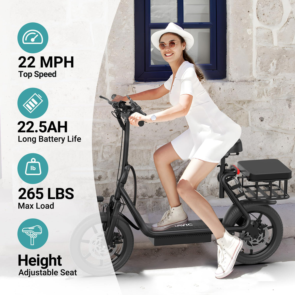 NAVIC T1PRO Electric Scooter,Electric Scooter with Seat,Max 49 Miles Ranges,Top Speed 22 mph,750W Peak Motor for Pets,Cargo with Back Basket