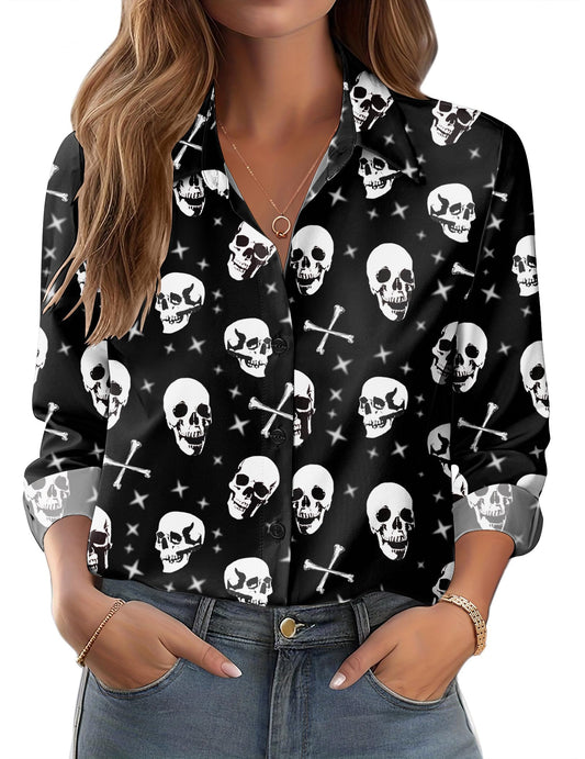 Zeagoo Halloween Shirts for Women Dressy Casual Classic Button Down Blouse Skeleton Graphic Tops Funny Clothes
