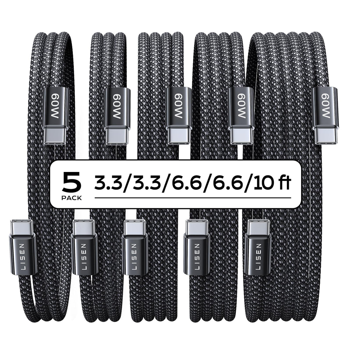 LISEN USB C Cable, 5-Pack [3.3/3.3/6.6/6.6/10FT] USBC to USBC Cable for iPhone 16e 15 Pro Max Charger Cord, 60W C to C Cable Fast Charging for Samsung Z Flip 7/S25/S24, Switch 2, iPad, MacBook Air 17