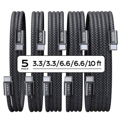 LISEN USB C Cable, 5-Pack [3.3/3.3/6.6/6.6/10FT] USBC to USBC Cable for iPhone 16e 15 Pro Max Charger Cord, 60W C to C Cable Fast Charging for Samsung Z Flip 7/S25/S24, Switch 2, iPad, MacBook Air 17