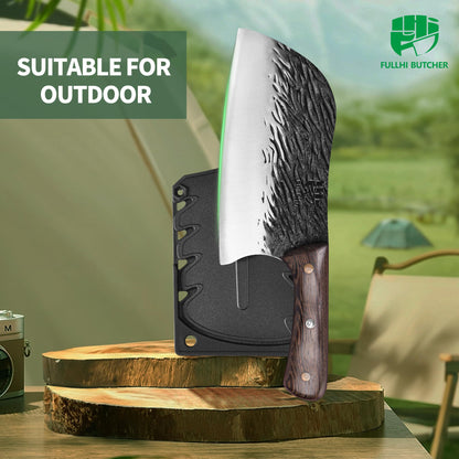 FULLHI Butcher Knife, Multi-color Wood Handle Full Tang Chef Knife with Sheath, High Carbon Steel Meat Slicing Kitchen Knife for Outdoor, Camping BBQ (Brown, Serbian Chef Knife)