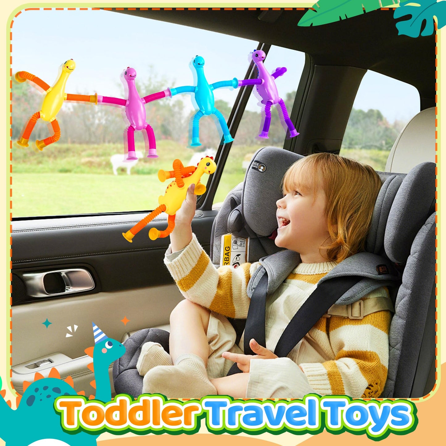 Valentines Day Gift for Toddlers Kids 4Pcs Dinosaur Airplane Travel Toys for Kid Boys Girls Sensory Suction Cup Tube ADHD Autism Road Trip Car Activities Essential Stocking Stuffers Gifts