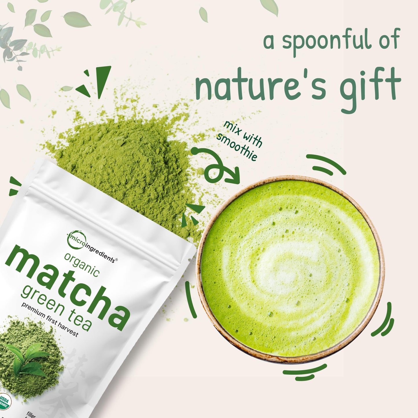 Micro Ingredients Organic Matcha Green Tea Powder, 1 lb | First Harvest, Culinary Grade from Japan | 100% Pure & Unflavored | Great for Tea, Latte & Smoothies | Non-GMO, No Sugar, Eco-Friendly Packaging