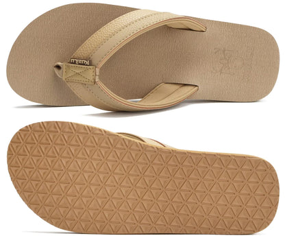 KuaiLu Men's Leather Flip Flops Arch Support Summer Beach Pool Water Thong Sandals Waterproof Rubber Walking Shoes Slip on Orthotic Casual Sport Cushioned Wide Slides Shower Slippers Apricot Size 14