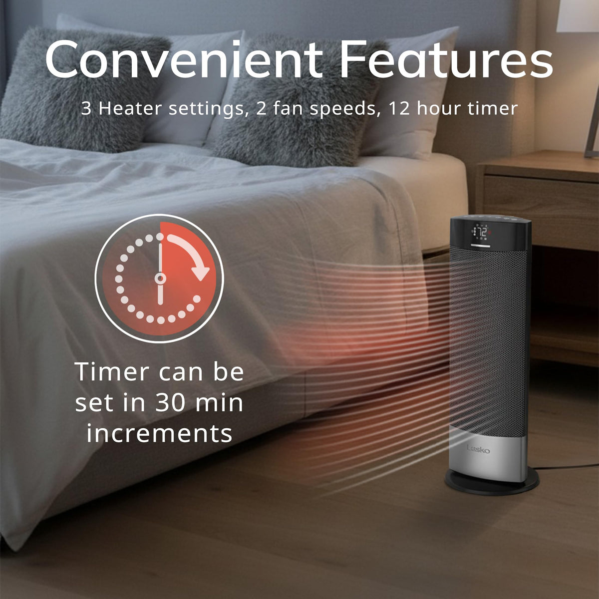 Lasko Ellipse Ceramic Tower Heater for Home with Tipover Switch, Child Lock, Digital Display, Thermostat, Wide Oscillation, Remote, Timer, For Bedroom, Office, Living Room, Den, 1500W, Black, CT18950