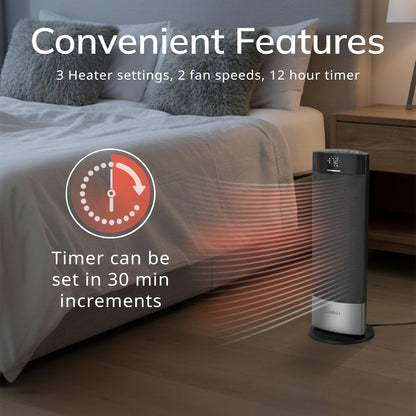 Lasko Ellipse Ceramic Tower Heater for Home with Tipover Switch, Child Lock, Digital Display, Thermostat, Wide Oscillation, Remote, Timer, For Bedroom, Office, Living Room, Den, 1500W, Black, CT18950
