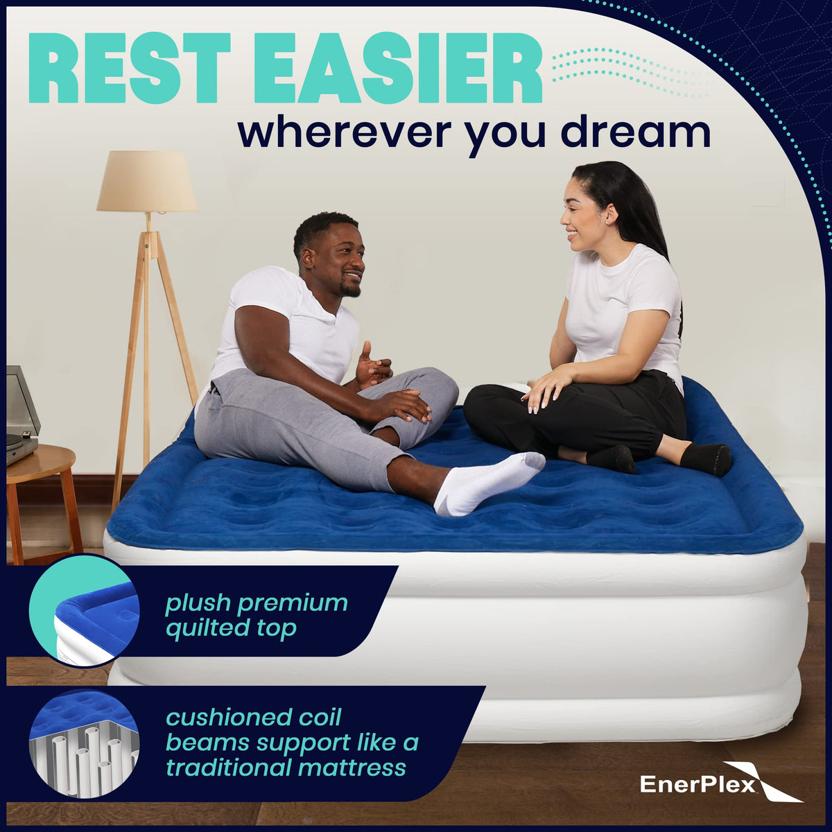 EnerPlex Queen Air Mattress with Built in Pump - 15" Luxury Size Self-Inflating Blow Up Mattress with Neck Support - Inflatable Air Bed for Portable Travel & Home Use (Blue/White)