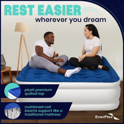 EnerPlex Queen Air Mattress with Built in Pump - 15" Luxury Size Self-Inflating Blow Up Mattress with Neck Support - Inflatable Air Bed for Portable Travel & Home Use (Blue/White)