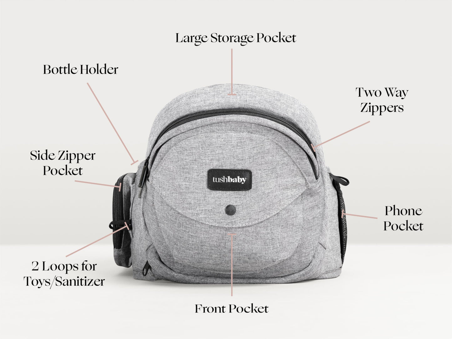 Tushbaby Original Hip Seat Baby Carrier for Babies & Toddlers up to 45 lbs, Safety Certified, Lightweight No-Foam Design with Storage & Nursing Support, Grey