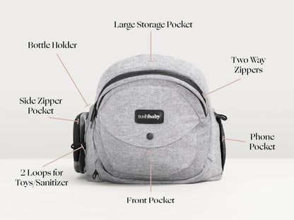 Tushbaby Original Hip Seat Baby Carrier for Babies & Toddlers up to 45 lbs, Safety Certified, Lightweight No-Foam Design with Storage & Nursing Support, Grey