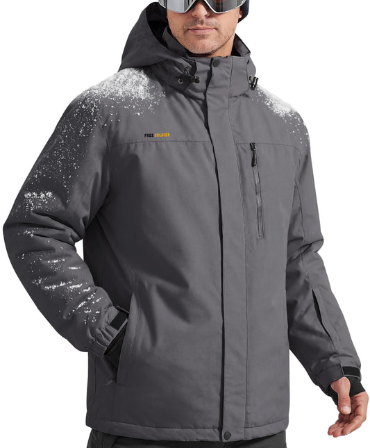 FREE SOLDIER Men's Waterproof Ski Snow Jacket Fleece Lined Warm Winter Rain Jacket with Hood Fully Taped Seams(Charcoal Gray,L)