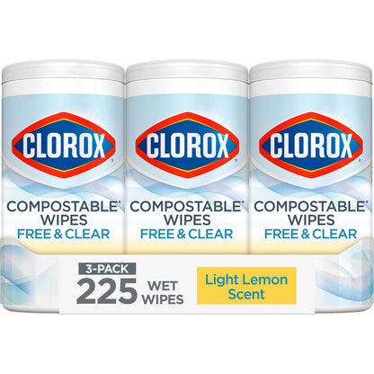 Clorox Free & Clear Cleaning Wipes, Light Lemon Scent, 75 Count, Pack of 3 (Pack May Vary)