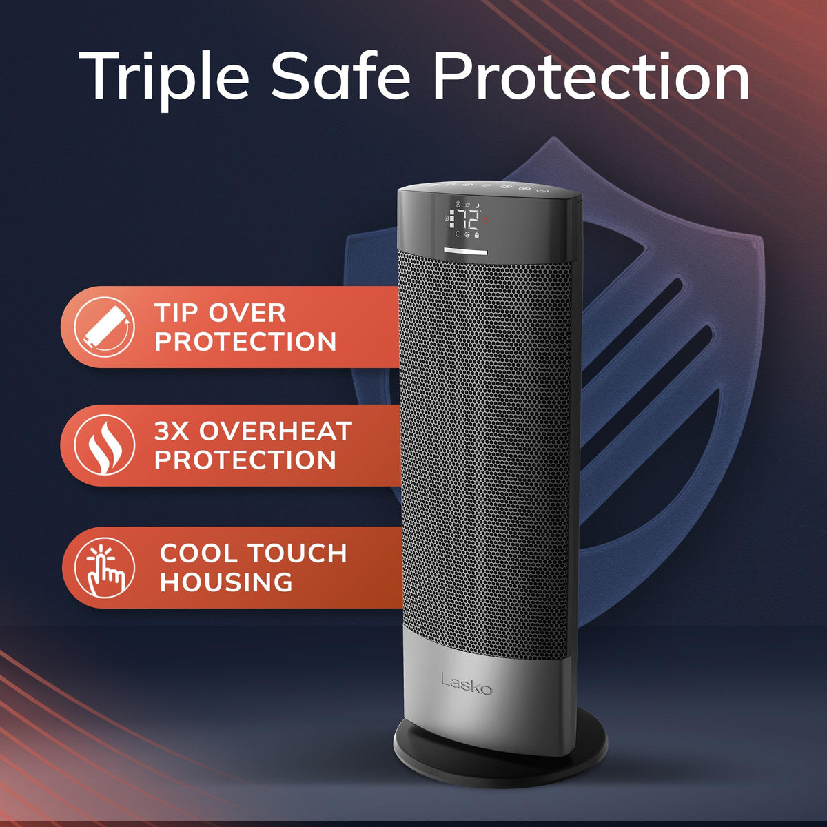 Lasko Ellipse Ceramic Tower Heater for Home with Tipover Switch, Child Lock, Digital Display, Thermostat, Wide Oscillation, Remote, Timer, For Bedroom, Office, Living Room, Den, 1500W, Black, CT18950
