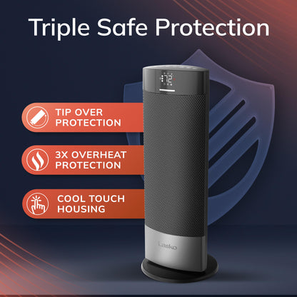 Lasko Ellipse Ceramic Tower Heater for Home with Tipover Switch, Child Lock, Digital Display, Thermostat, Wide Oscillation, Remote, Timer, For Bedroom, Office, Living Room, Den, 1500W, Black, CT18950
