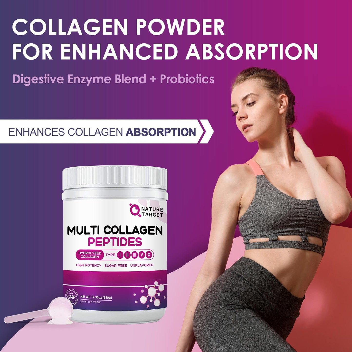 NATURE TARGET Multi Collagen Peptides Powder - Type I, II, III, V, X - Hydrolyzed Collagen Peptides with Vitamin C Hyaluronic Acid, Supports Skin Hair Nail & Joint, Grass-Fed, Non-GMO, 35 Servings