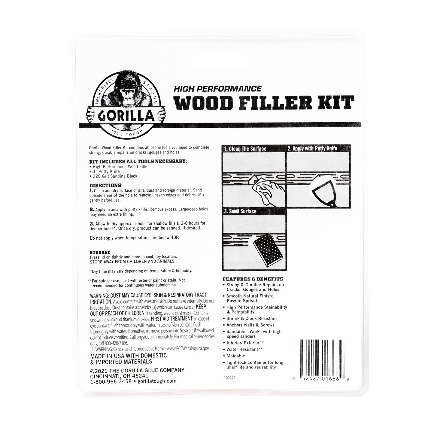Gorilla All Purpose Wood Filler Wood Repair Kit with Putty Knife and Sanding Block