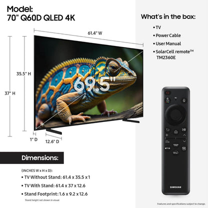 SAMSUNG 70-Inch Class QLED 4K Q60D Series Quantum HDR Smart TV w/Object Tracking Sound Lite, Motion Xcelerator, Slim Design, Gaming Hub, Alexa Built-in (QN70Q60D, 2024 Model)