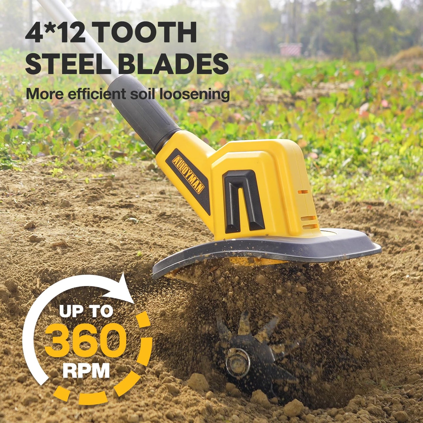 Alloyman 20V Cordless Tiller Cultivator, 360RPM Electric Garden Tiller, with 2 * 2.0Ah Batteries & Charger, 9In Tilling Width and 6.6In Depth Garden Rototiller for Lawn/Gardening/Soil Cultivation