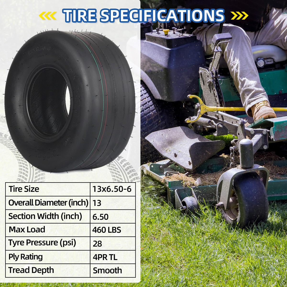 GICOOL (2 Pack) 13x6.50-6 Tubeless Lawn Mower Tire, 13x6.5-6 Riding Zero Turn Lawnmower Smooth Turf Tyre, 4 Ply