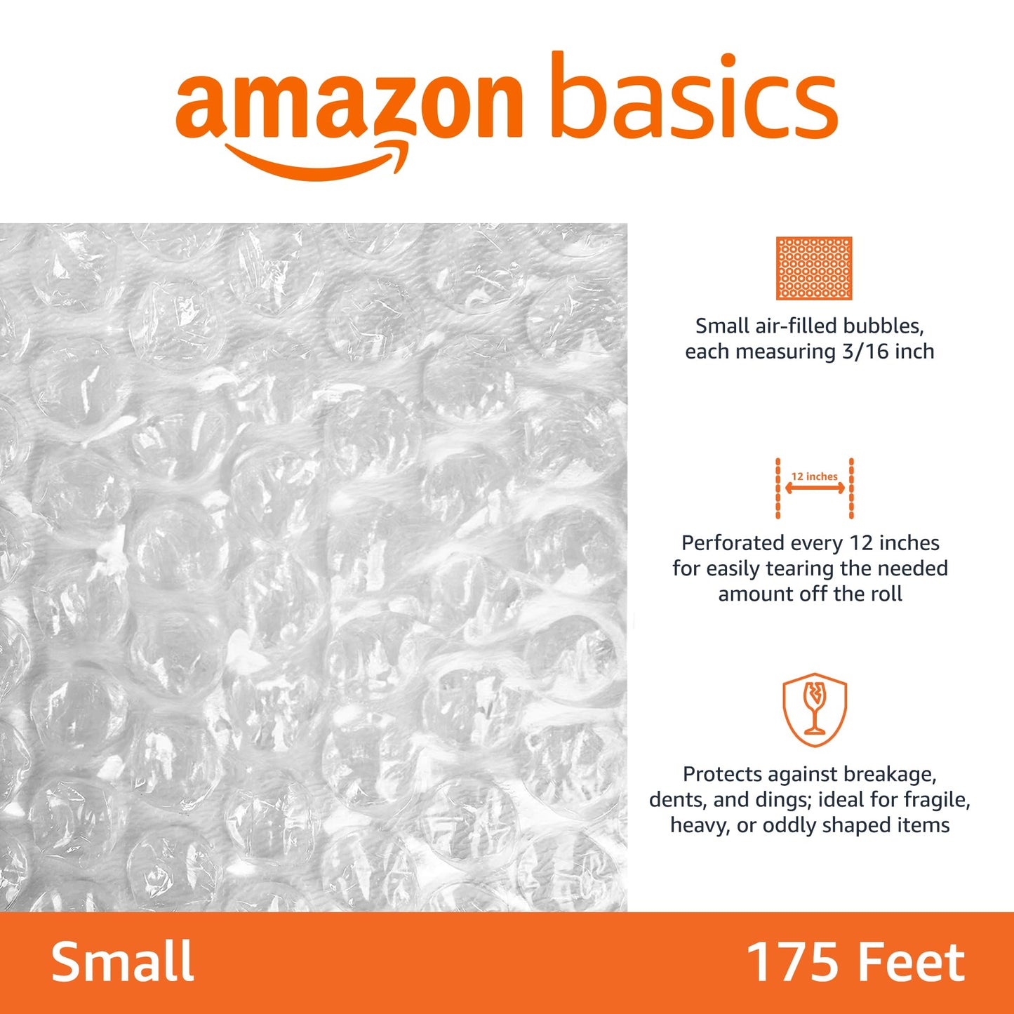 Amazon Basics Bubble Wrap for Moving, Packing, Shipping and Storage, Perforated Protective Cushioning for Fragile Items, 12-inch x 175-ft Long Roll, Small 3/16", Clear