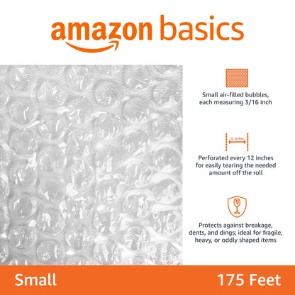 Amazon Basics Bubble Wrap for Moving, Packing, Shipping and Storage, Perforated Protective Cushioning for Fragile Items, 12-inch x 175-ft Long Roll, Small 3/16", Clear
