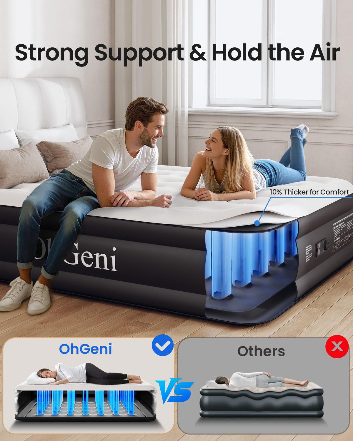 OhGeni Queen Air Mattress with Built in Pump, 18 Raised Comfort Inflatable Mattress, Quiet Surface Portable Blow Up Mattress, Air Bed for Home and Guest, Colchone Inflable, 650 lbs Max