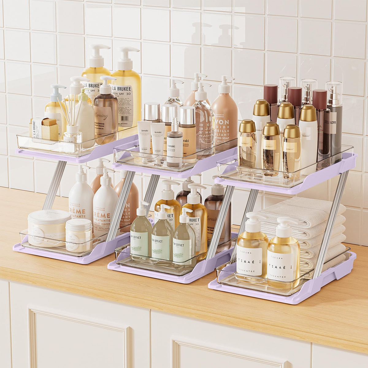 AUGBEAN 3 Pack Bathroom Organizers and Storage - Multi-Purpose,2-Tier Clear Pull Out Organization for Bathroom,Under Sink,Kitchen,Vanity,Countertop,Cabinet,Pantry & Medicine Cabinet,Pink