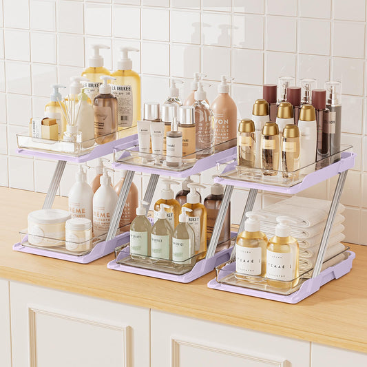 AUGBEAN 3 Pack Bathroom Organizers and Storage - Multi-Purpose,2-Tier Clear Pull Out Organization for Bathroom,Under Sink,Kitchen,Vanity,Countertop,Cabinet,Pantry & Medicine Cabinet,Pink