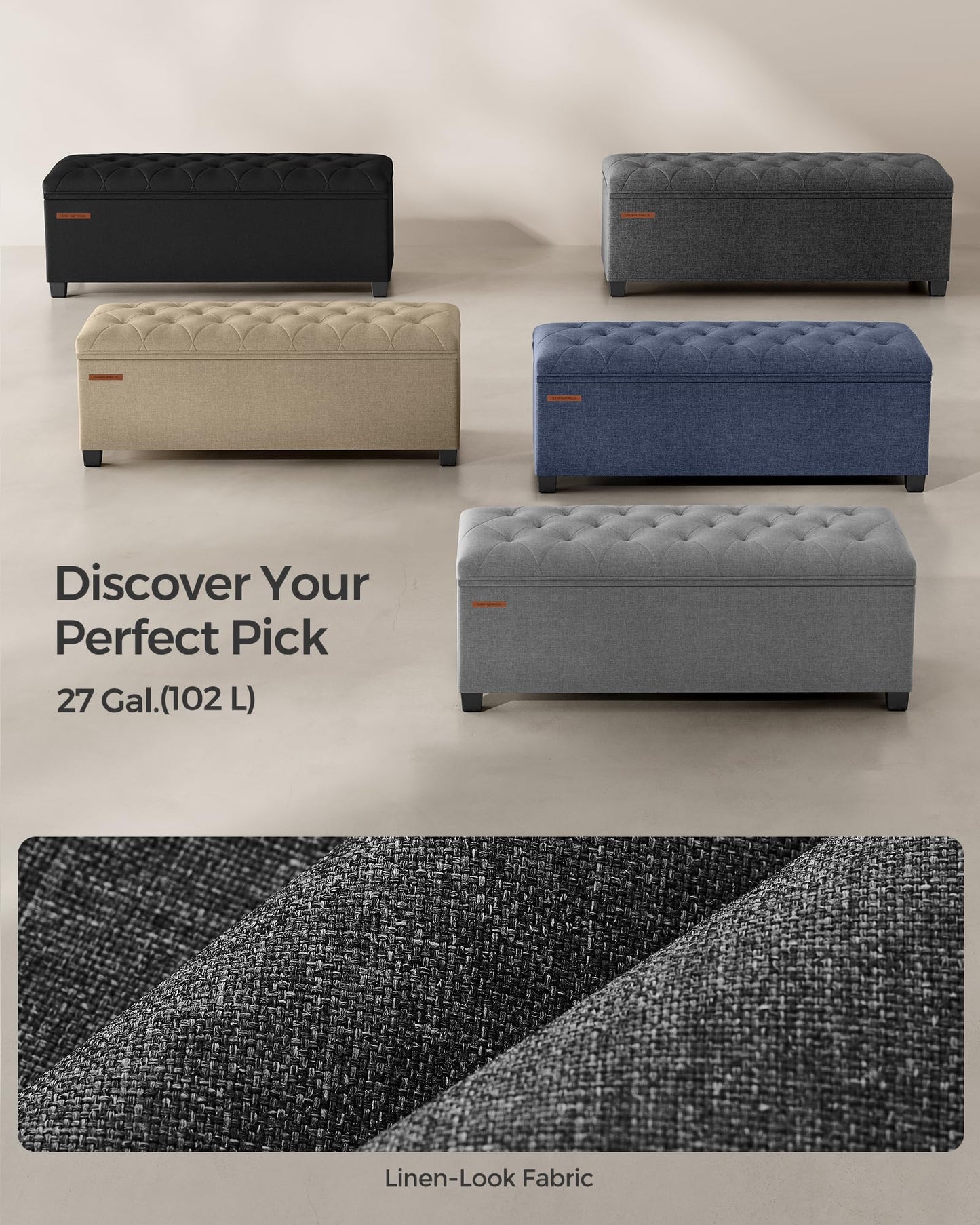 SONGMICS Storage Ottoman Bench, Foot Rest with Legs, 15.7 x 43.3 x 15.7 Inches, End of Bed Bench, Storage Chest, Load up to 660 lb, for Living Room, Bedroom, Entryway, Dark Gray ULSF088G01