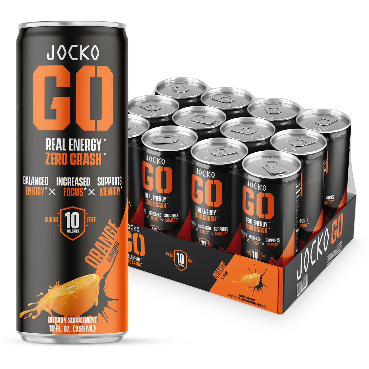 Jocko GO Energy Drink (Afterburner Orange) - KETO, Vitamin B12, Vitamin B6, Electrolytes, L Theanine, Magnesium- All Natural Energy Boost, Sugar Free Nootropic Monk Fruit Blend - 12 Pack