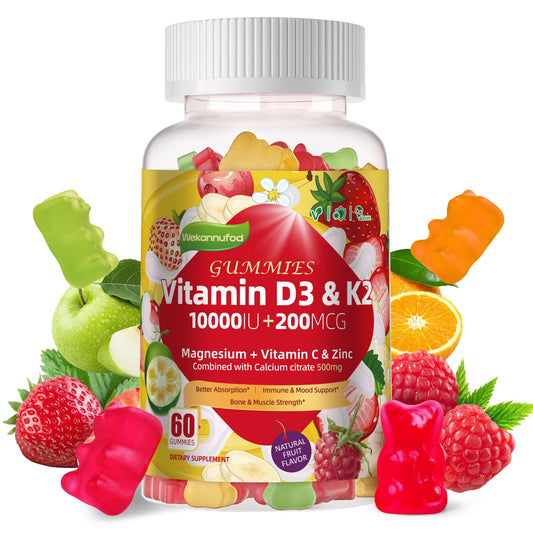 Wekannufod Sugar-Free Vitamin D3 K2 Gummies with Calcium + K2 (MK-7), Magnesium Citrate, Vitamin C, Extra Strength - Ultimate Absorption for Bone Muscle Teeth Immune, Vegan - 60 Gummies